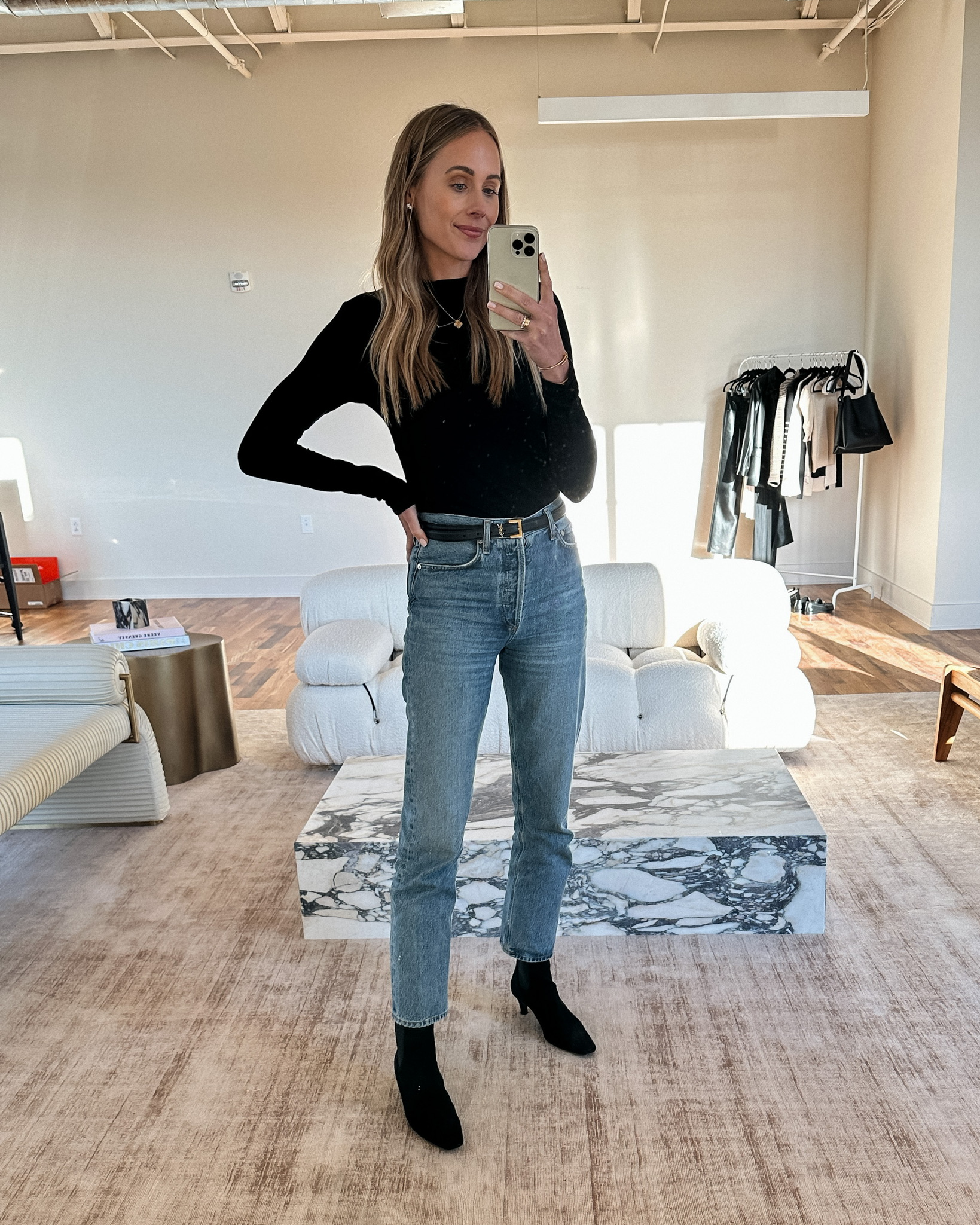 Fashion Jackson wearing Amazon top (small) AGOLDE jeans, black booties, YSL Belt