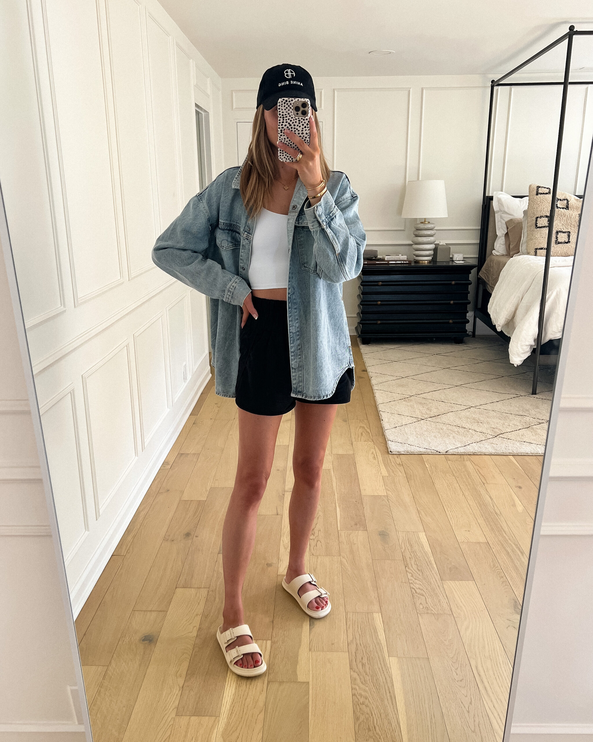 Fashion Jackson Wearing Denim Shirt Jacket Amazon Fashion White Fitness Tank Amazon Fashion Black Workout Shorts Vince Slide Sandals Black Baseball Hat