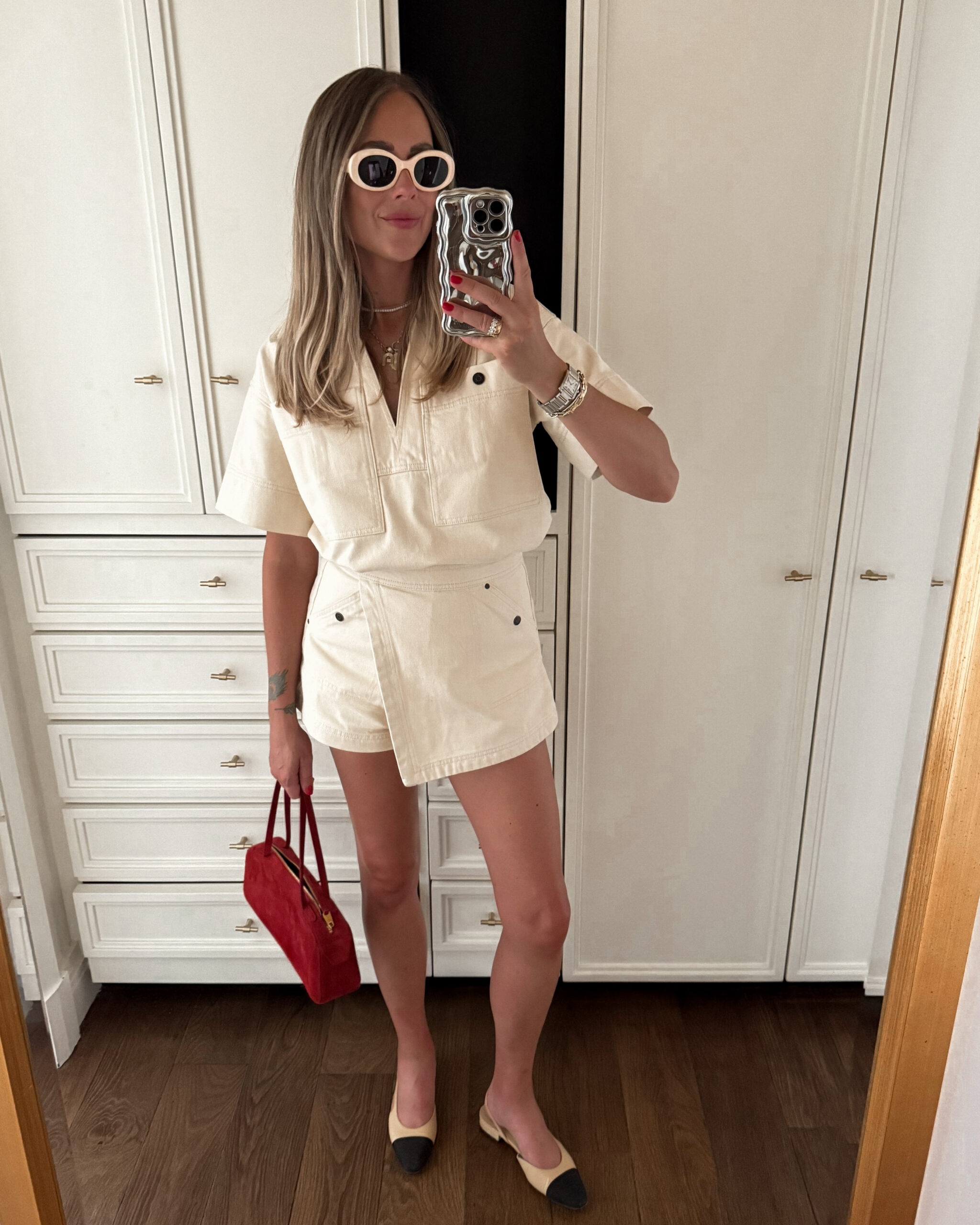 Fashion Jackson Wearing Shona Joy Beige Denim Short Matching Set Chanel Flat Slingbacks Khaite Red Suede Handbag Celine Bone Oval Sunglasses Summer Paris Outfit