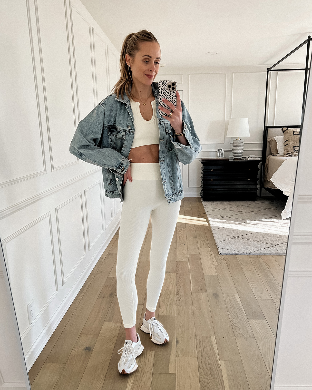 Fashion Jackson Wearing Amazon Fashion White Ribbed Workout Set Anine Bing Oversized Denim Jacket White APL Sneakers