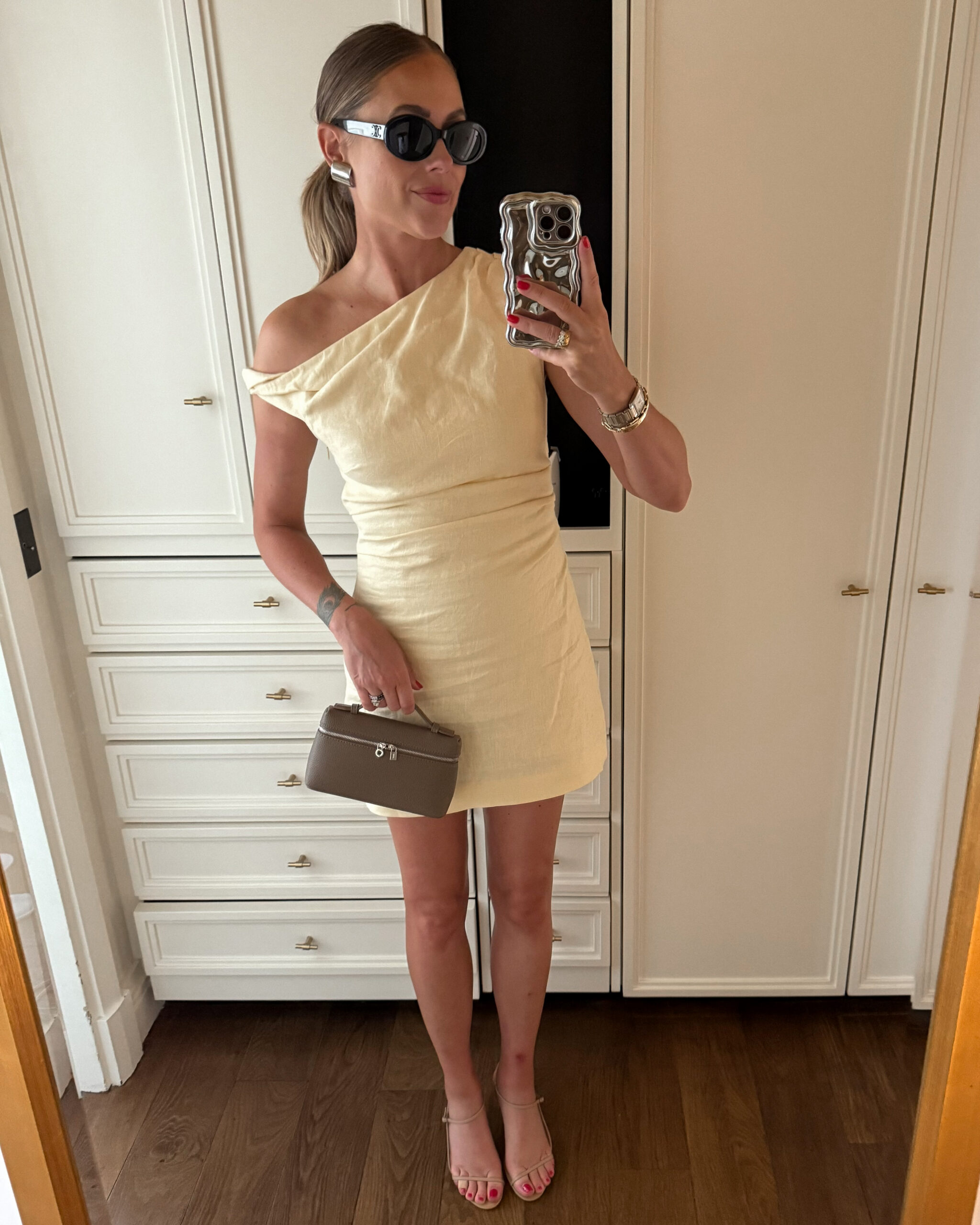 Fashion Jackson Wearing SIR Asymmetrical Butter Yellow Mini Dress Amazon Dupe Loro Piana Clutch Nude Patent Heeled Sandals Womens Summer Date Night Outfit