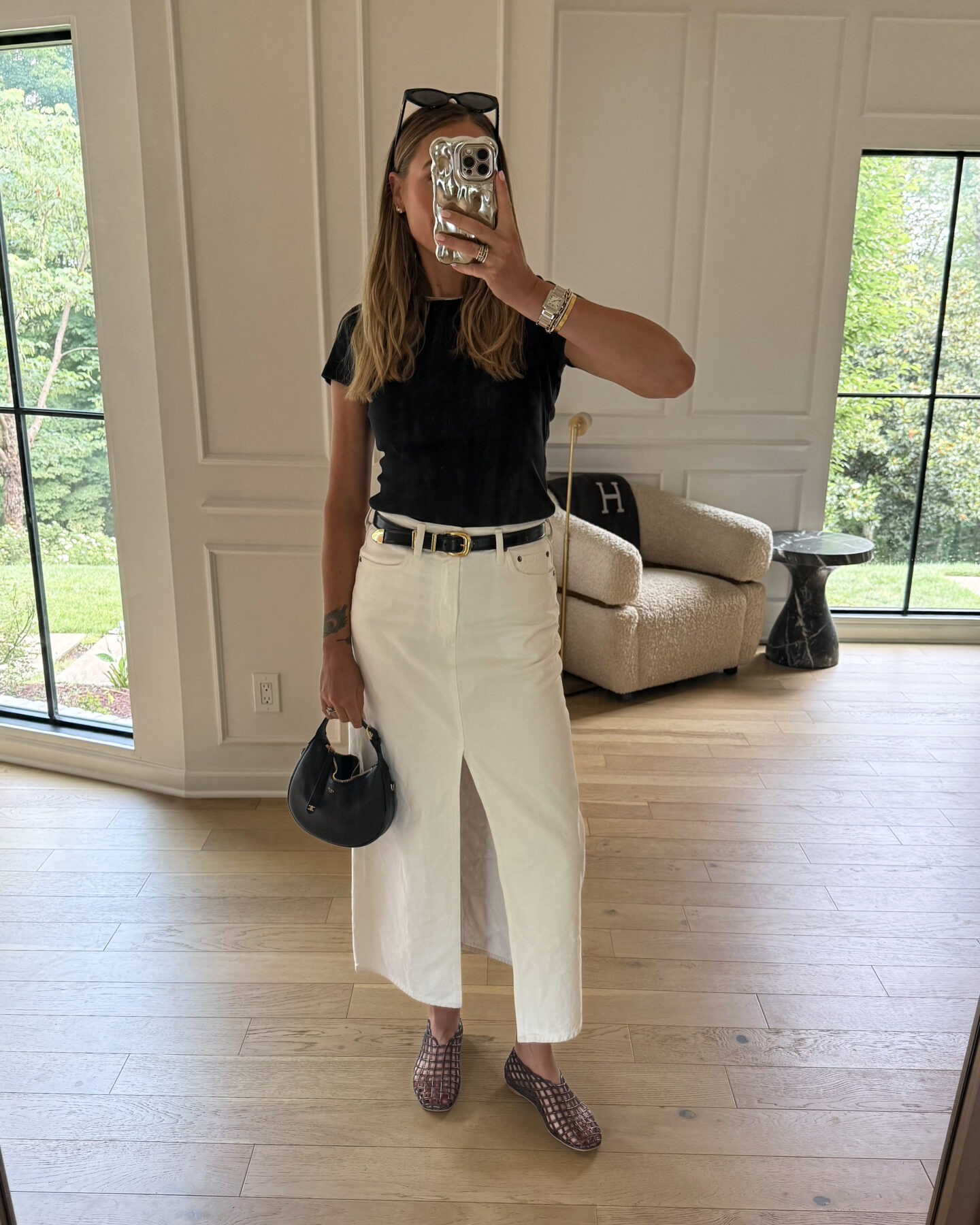Fashion Jackson Wearing Black Tshirt White Maxi Denim Skirt Black Celine Western Belt Amazon Black Jellies Celine Teen lulu Black Handbag Womens Summer Outfit Idea