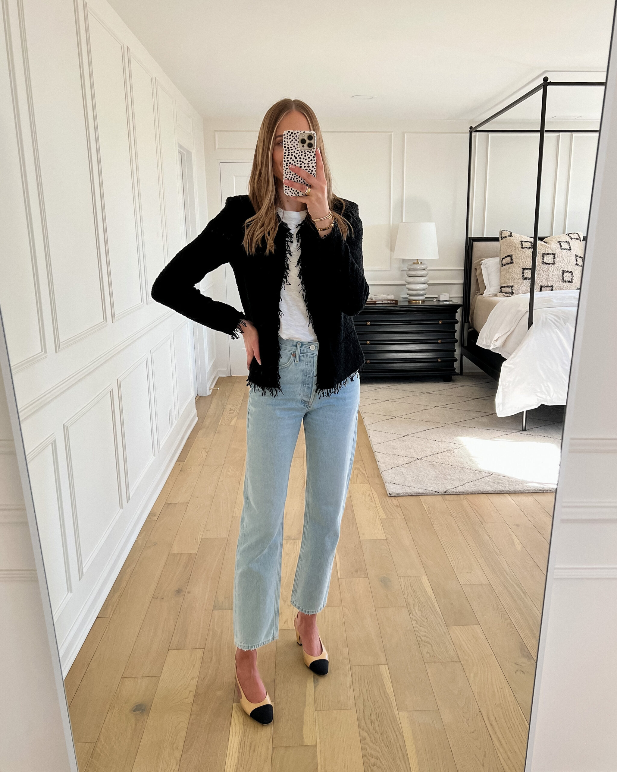 Fashion Jackson Wearing IRO Black Shavani Jacket AGOLE Jeans White Tshirt Chanel Slingbacks