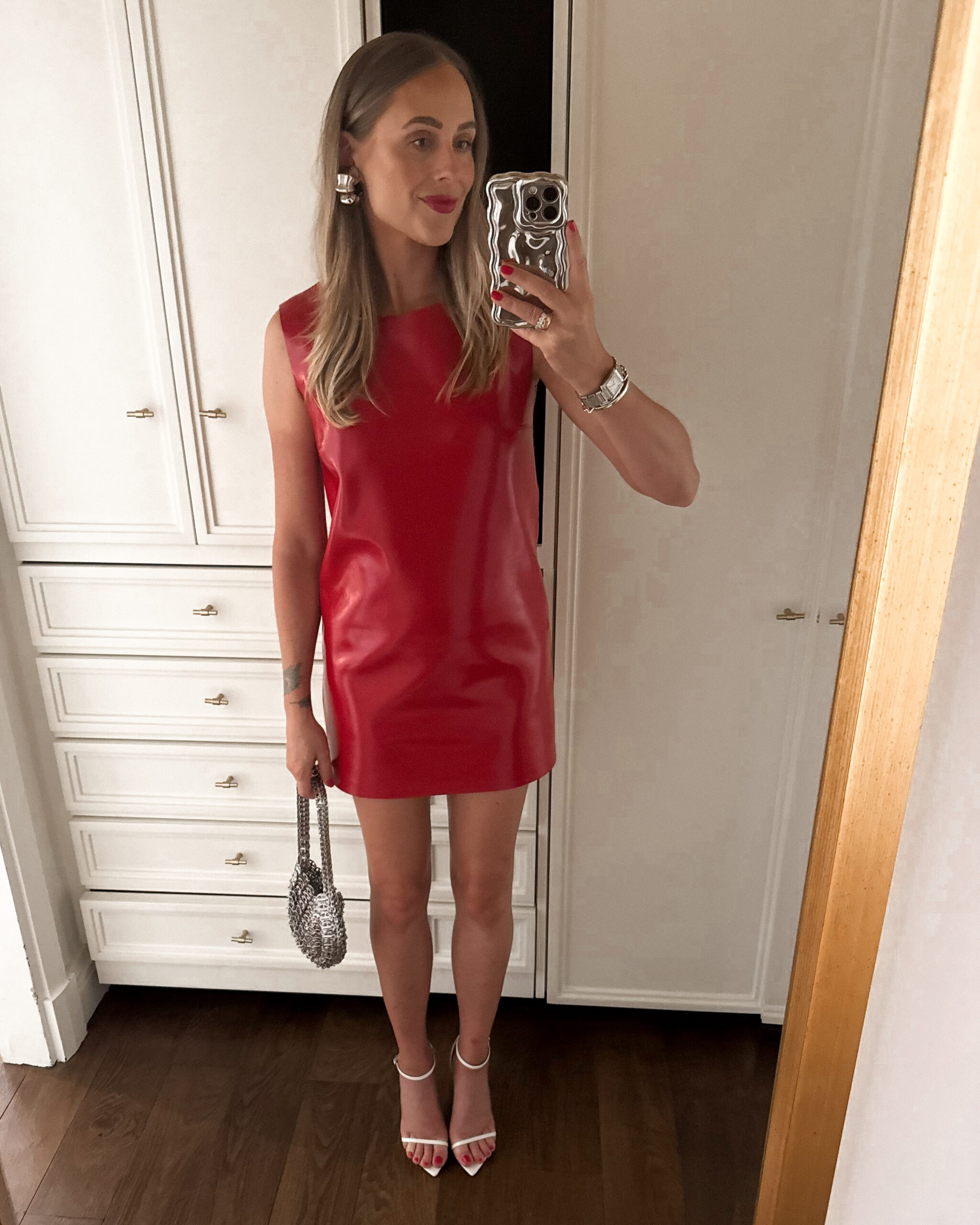 Fashion Jackson Wearing Norma Komali Red Leather Mini Dress White Heeled Sandals The Row White Half Moon Bag Summer Paris Outfit