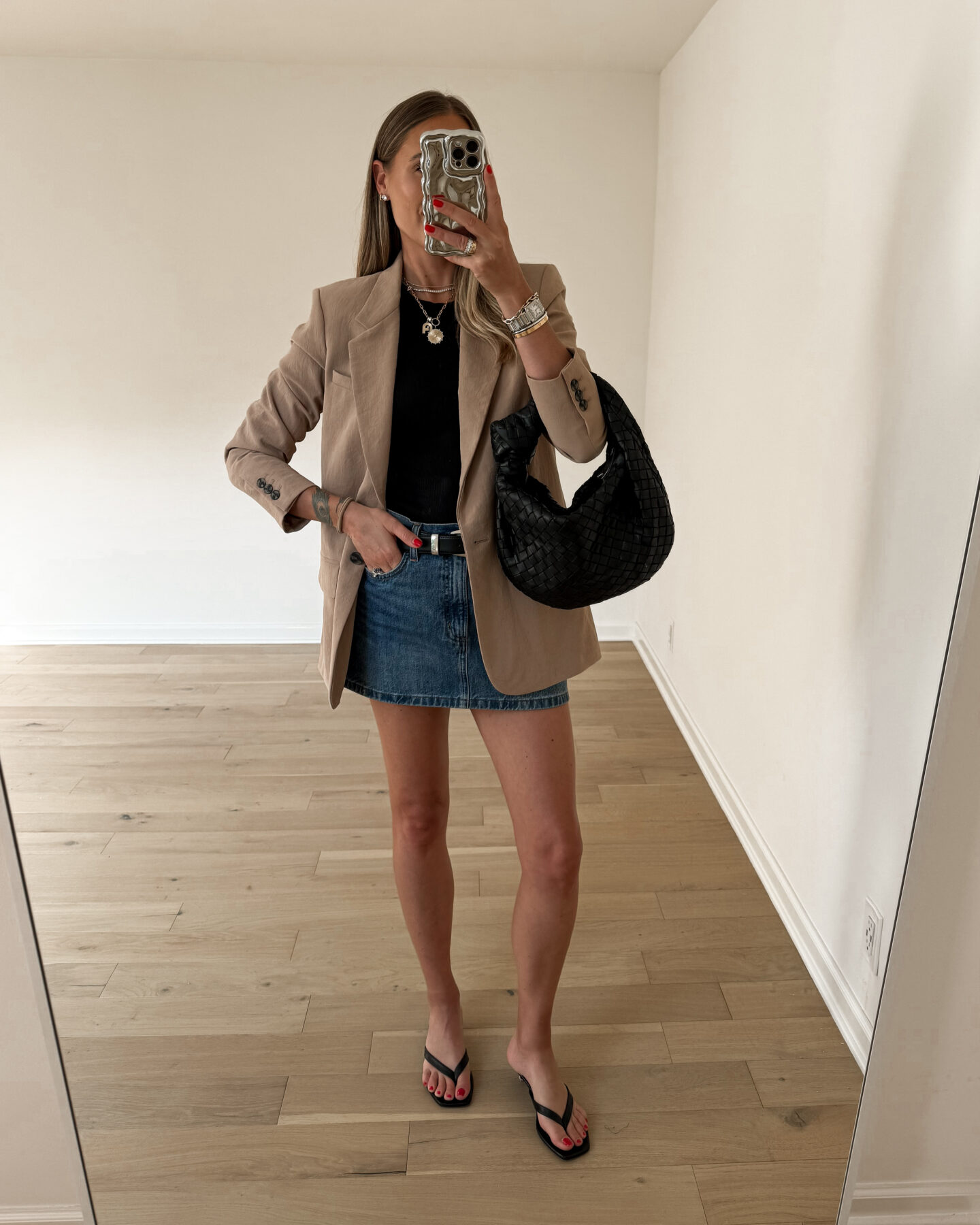 Fashion Jackson Wearing Nordstrom Camel Blazer Black Tank Denim Mini Skirt Black Heeled Sandals Bottega Veneta Black Teen Jodie Womens Summer Outfit Idea