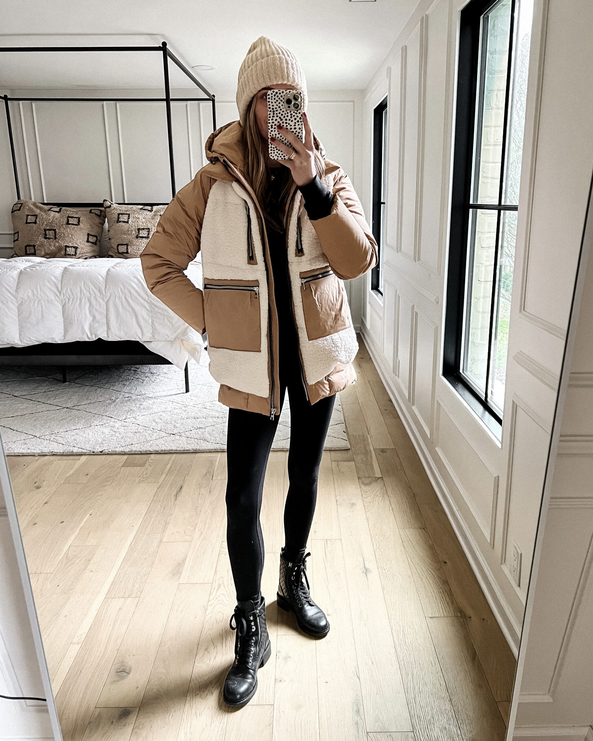 Fashion Jackson Wearing Amazon Fashion Fleece Puffer Jacket Black Leggings Black Combat Boots Ivory Beanie Winter Outfit