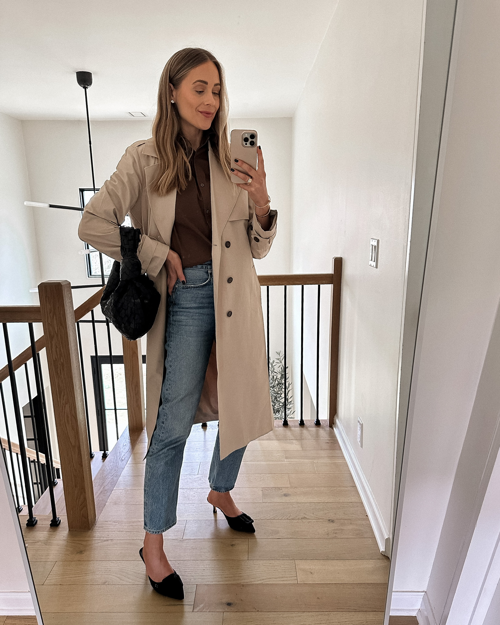 Fashion Jackson wearing Amazon trench coat brown button up shirt AGOLDE jeans Amazon mules