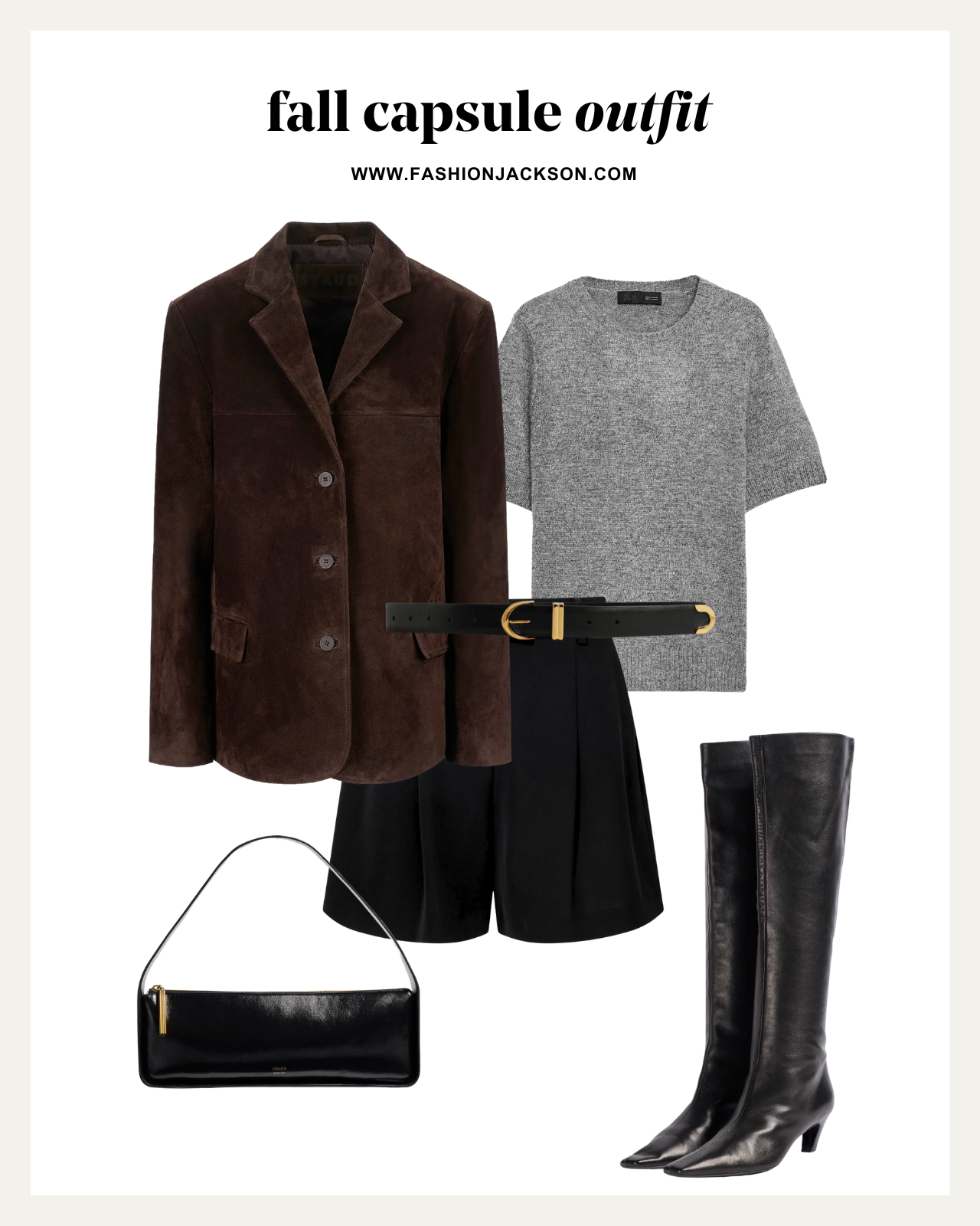 fall capsule wardrobe brown suede blazer outfit