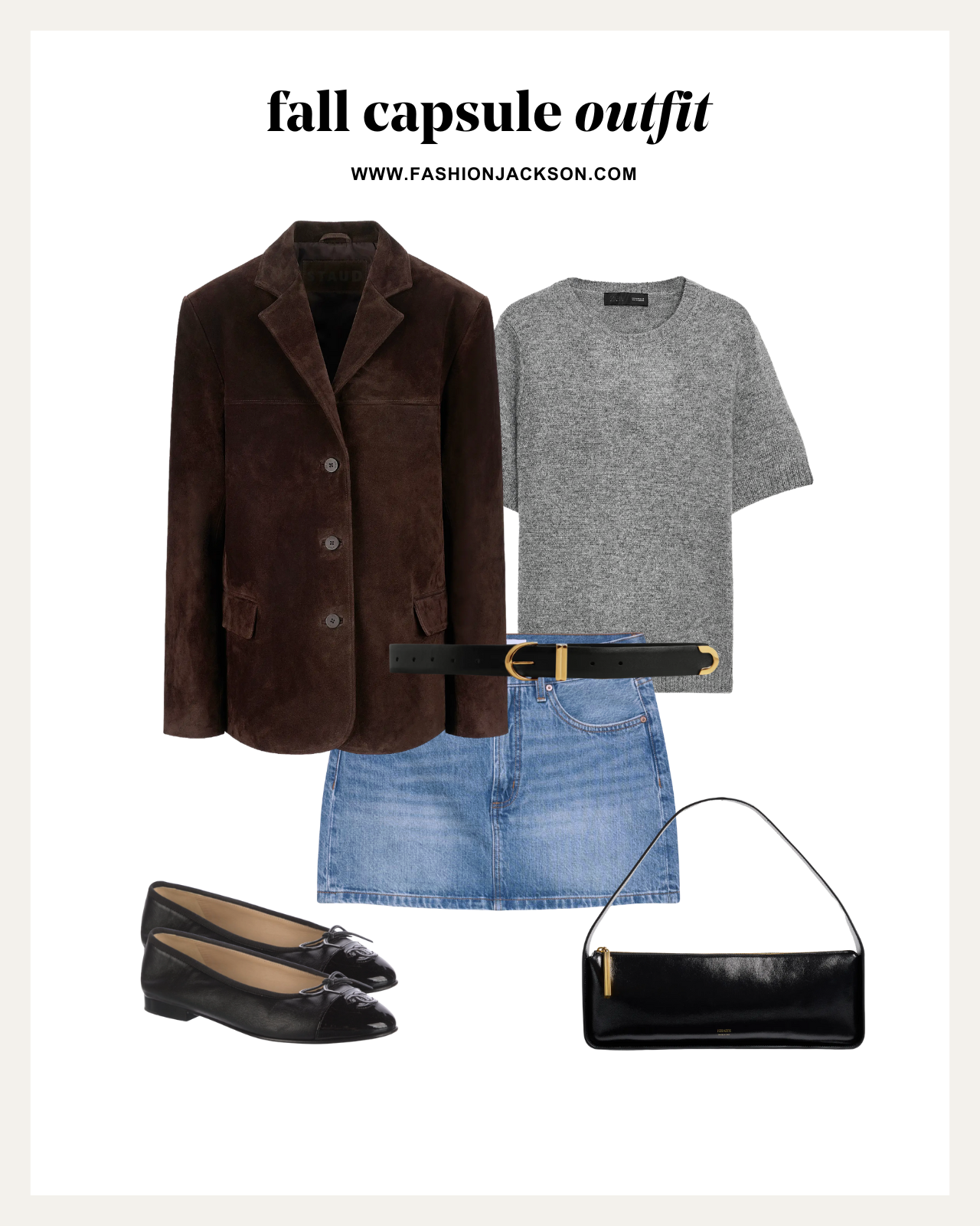fall capsule wardrobe brown suede blazer outfit