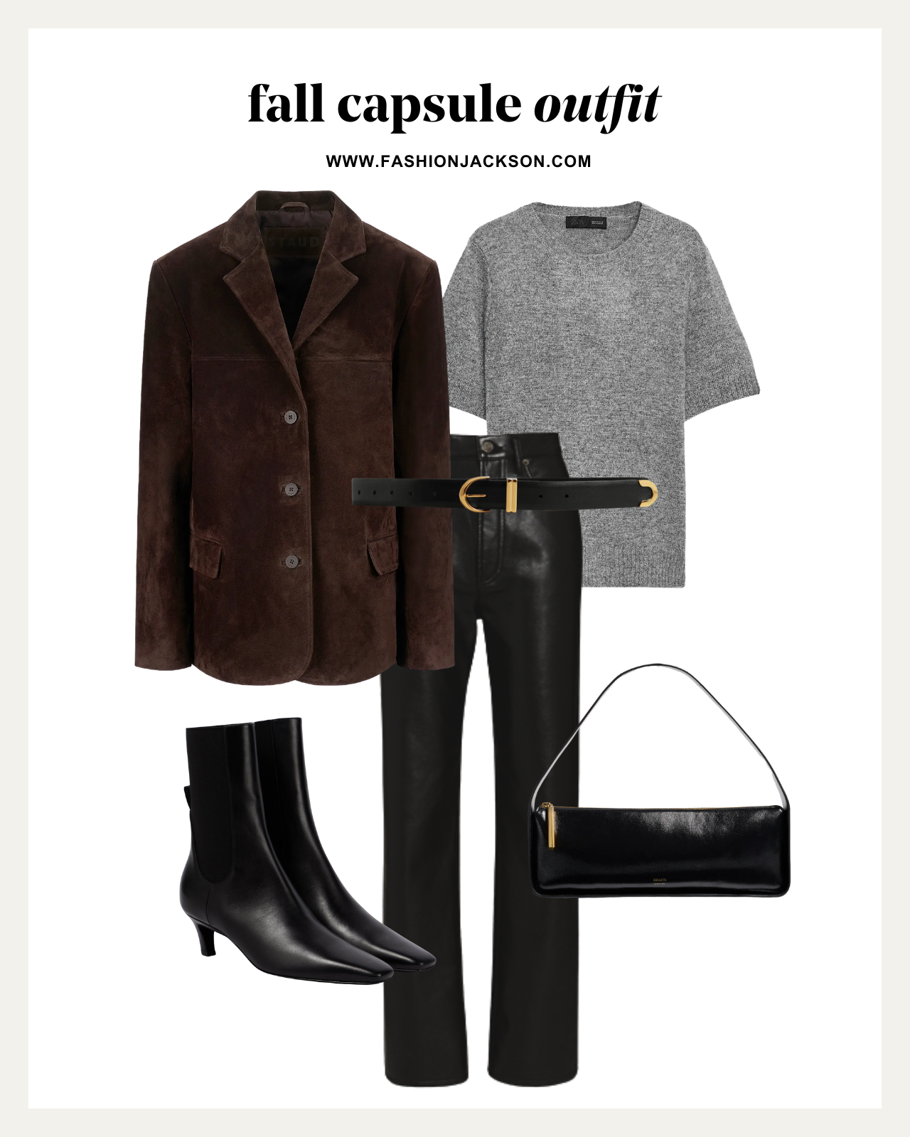 fall capsule wardrobe brown suede blazer outfit