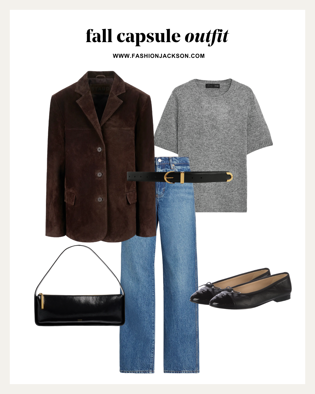 fall capsule wardrobe brown suede blazer outfit