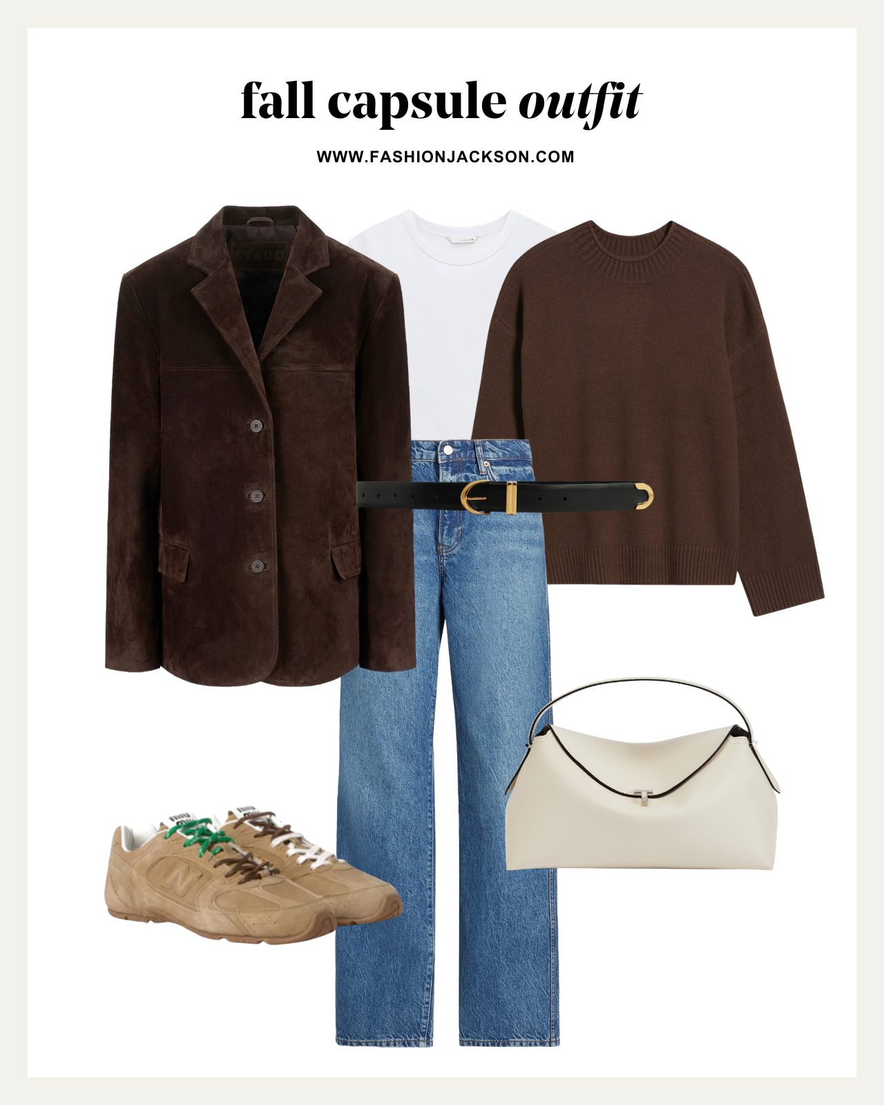 fall capsule wardrobe brown suede blazer outfit